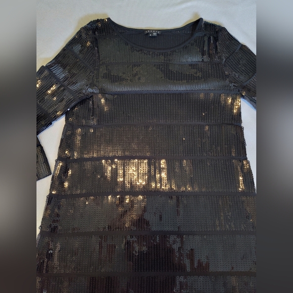 Theory Black Sequin 3/4 Length Long Sleeve Shift Dress Medium Like New - Picture 3 of 10